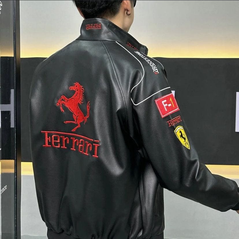 "Ferrari Style F1 Racing Jacket for Men – Black & Red Vintage Leather Motorsport Gear"