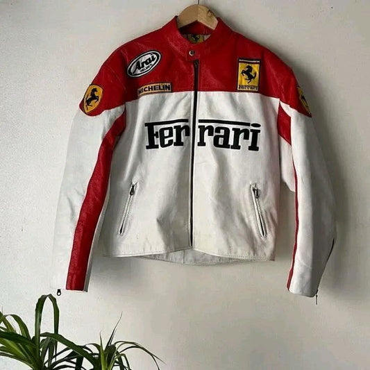 Vintage Ferrari Racing Leather Jacket – Red & White Motorsport Style