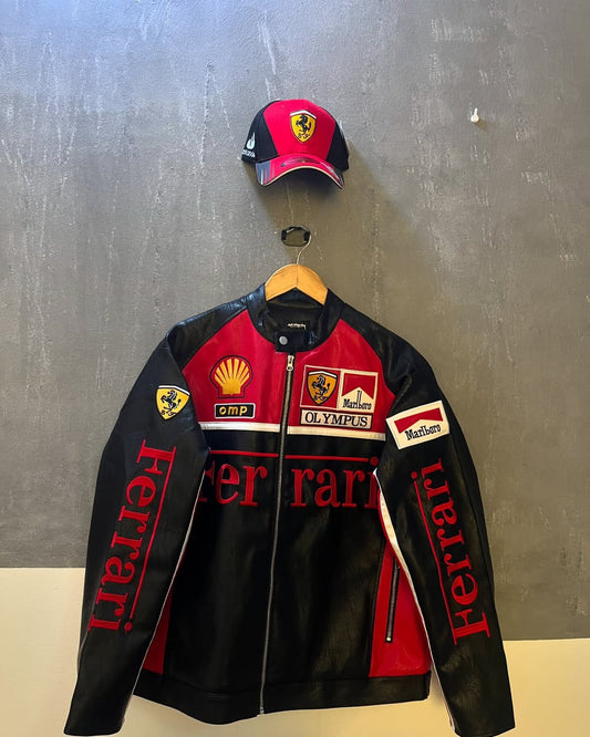 "Ferrari Racing Leather Jacket – Vintage F1 Style for Men & Women"