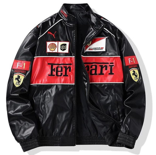 "Ferrari Style F1 Racing Jacket for Men – Black & Red Vintage Leather Motorsport Gear"
