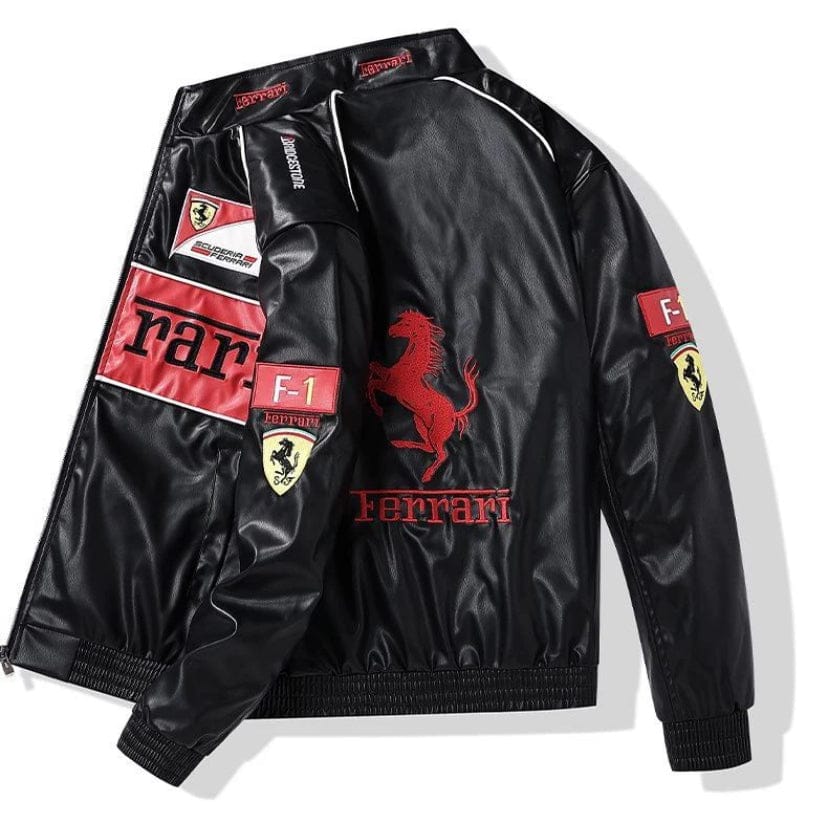 "Ferrari Style F1 Racing Jacket for Men – Black & Red Vintage Leather Motorsport Gear"
