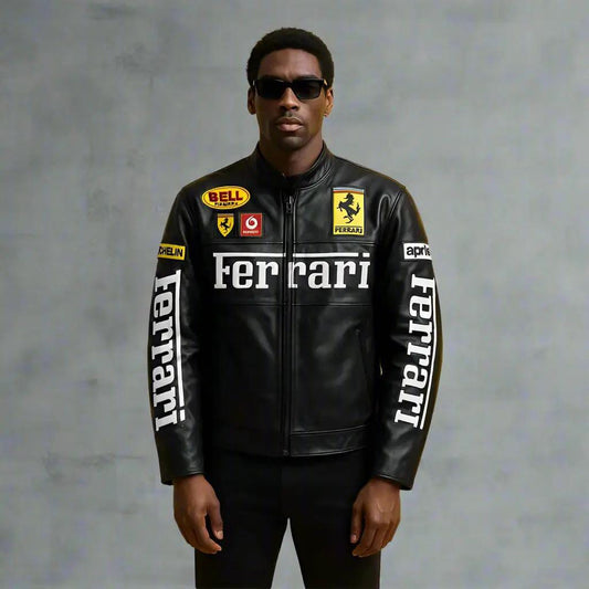 Black Ferrari Racing Leather Jacket – Iconic Motorsport Style