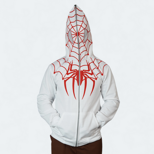 White Spider Web Full-Zip Mask Hoodie - Red Graphic Cosplay Streetwear for Men